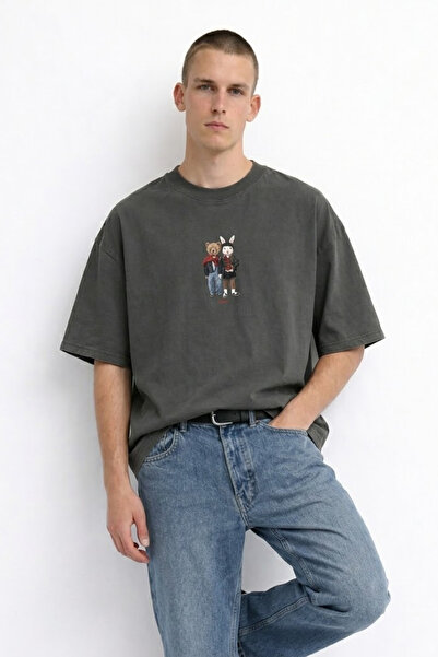 MATERIAL Ανδρικό μπλουζάκι με στάμπα Bear & Rabbit, καλοκαιρινό, χαλαρό, καπν...