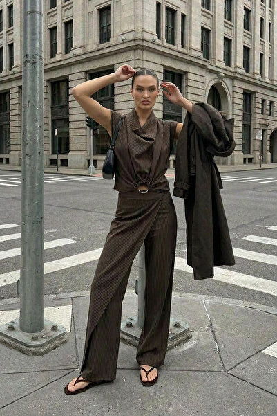 Quzu Ριγέ Degaje Yaka Με βάτες Μπλούζα Καφέ