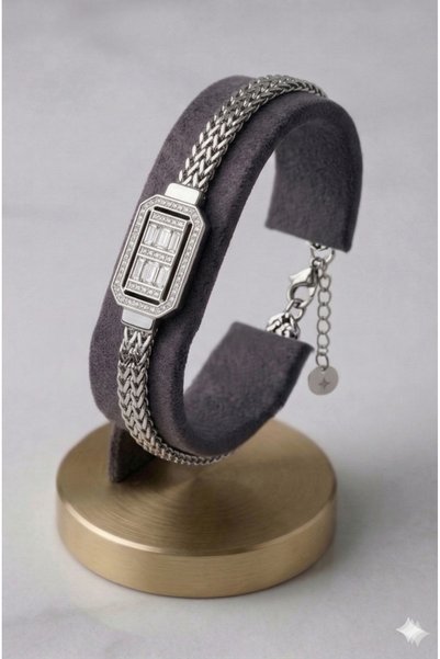 Zaman Kutusu Women's Black Wallet and Silver Color, Stone Steel Necklace-Bracelet Set, Vegan Leather , Hand Band, Gift