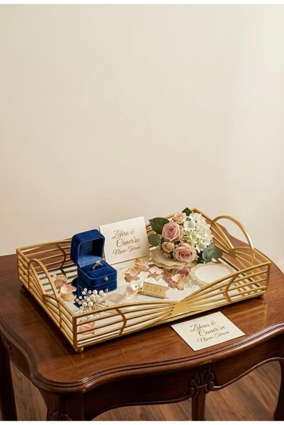 Yavuzhan Metal Gold Detailed Mirrored Decorative Promise, Engagement, Presentation Tray (30X20)