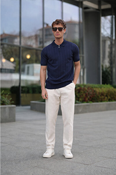 ModaYaren Men's Polo Collar Half Zipper Navy Blue T-Shirt