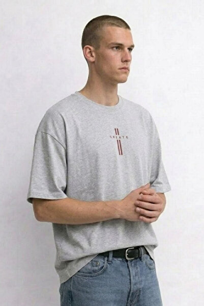 MATERIAL Ανδρικό μπλουζάκι με στάμπα Create Text σε γκρι χρώμα, oversized