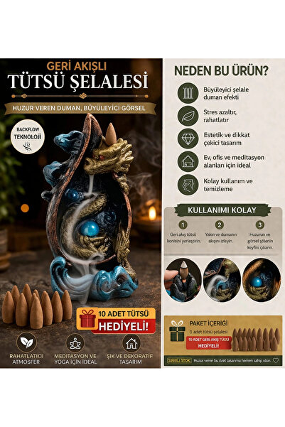 TEDİSANAT Lüks Altın Ejderha Tasarımlı Şelale Tütsülük – Geri Akışlı Duman Ef...