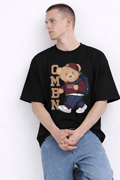 MATERIAL Erkek Bisiklet Yaka Ayıcık Baskılı Siyah Bol Tişört