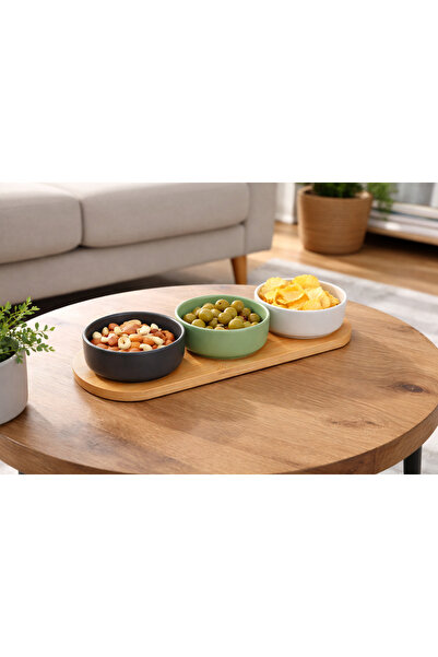 VonaHome طقم أوعية تقديم سيراميك مكون من 3 قطع مع صحون من الخيزران مقاس 30x10...