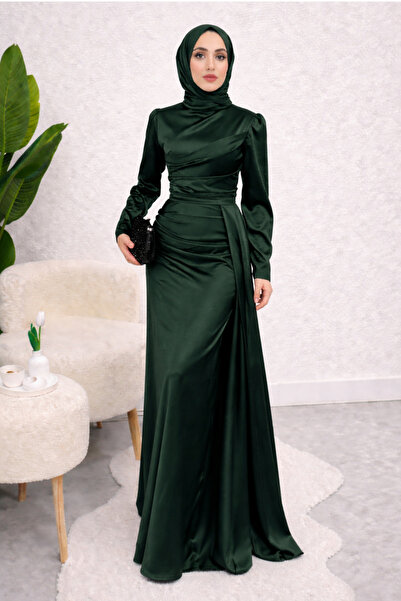 Tesettür Diyarı Σατέν Φόρεμα Τεσεττούρ με Τρένα-Σαρωτή-Πετσέτα-Λεπτή Ουρά - Σ...
