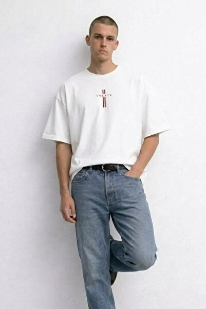 MATERIAL Ανδρικό μπλουζάκι Create με στάμπα κειμένου σε εκρού χρώμα, oversized