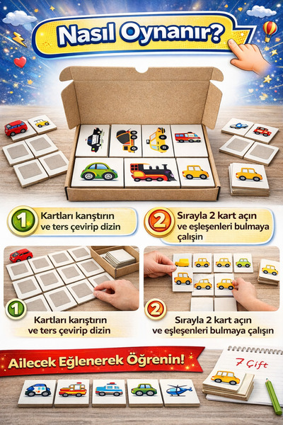 cabuk baskı Zeka Kartları Eşleştirme Oyunu Hafıza Kartı , Arabalı Oyun Kartı, Araçlar Eşleştirme Oyun Kartları