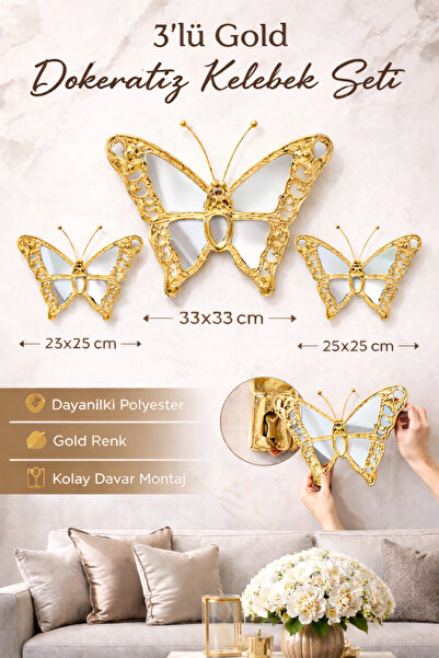 Gold home design 3 Lü Aynalı Kelebek Duvar Süsü Gold Renk