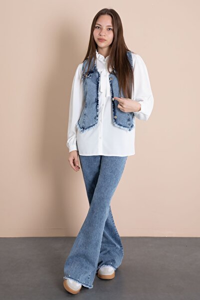 Cansın Mini Μπλε Με φούντες Jean σετ κοστούμι με γιλέκο Κοριτσίστικο Σετ με Φ...