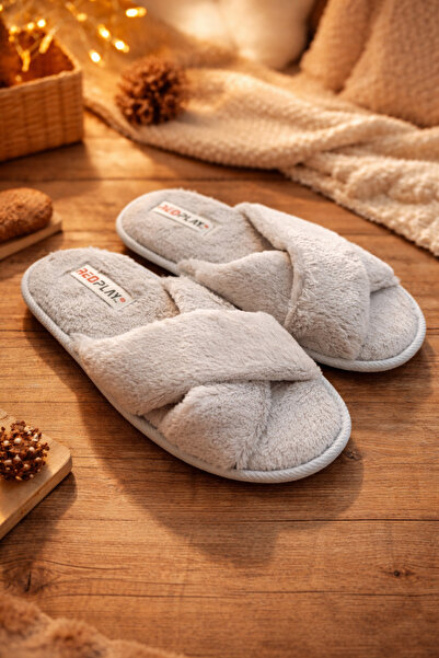 RedPlay Women's Indoor Slippers Cross Tape Chinchilla Soft Non-Slip Sole