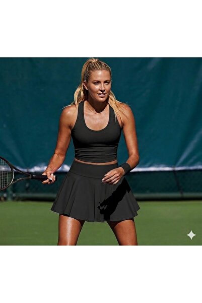 LADY HAZAL High Waist Black Tennis Skirt - Slimfit Double Layer Sports Shorts