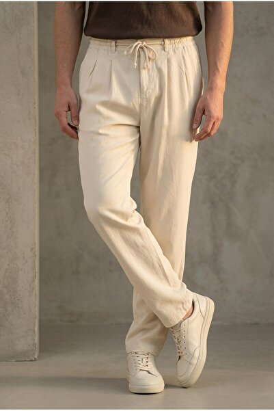 Valiberta بنطلون رجالي صيفي من قماش ماغنوس تينسل بقصة مريحة وخصر مطاطي - كريمي