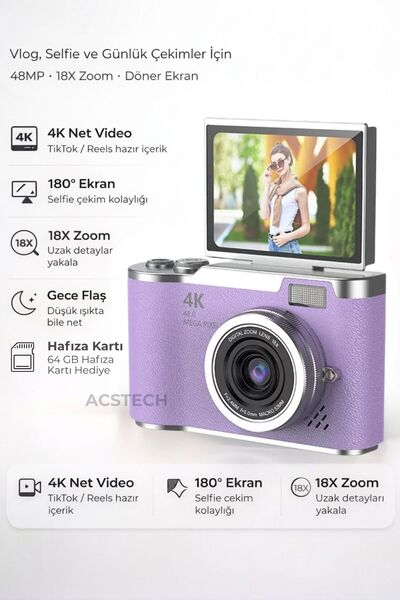 ACSTECH 4K Dijital Fotoğraf Makinesi 48MP Flip Ekran 18X Zoom Flaşlı 64GB Hed...