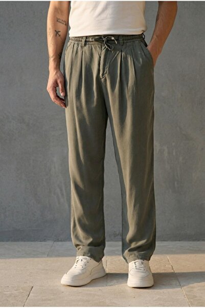 Valiberta بنطلون رجالي صيفي من قماش ماغنوس تينسل بقصة مريحة وخصر مطاطي - أخضر...