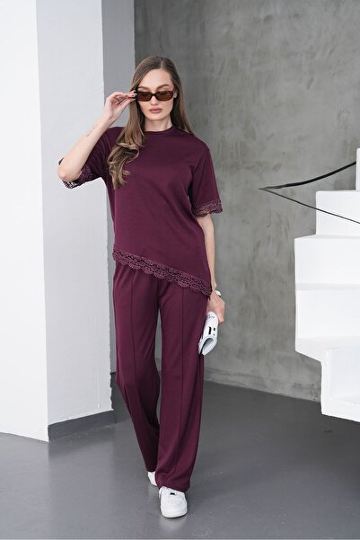 MODAMERSİ Γυναικείο Σετ Δαντέλας Δαμασκηνί με Λεπτομέρειες Μοντάλ