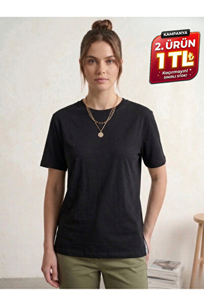 LEY COLLECTİON Γυναικείο μπλουζάκι 100% βαμβακερό με λεπτομέρεια σκίσιμο, βασ...