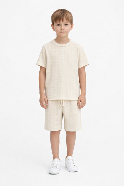 Cansın Mini Κρεμ τετράγωνο μοτίβο μπλουζάκι με λαιμόκοψη Ανδρικό παιδικό σορτ...