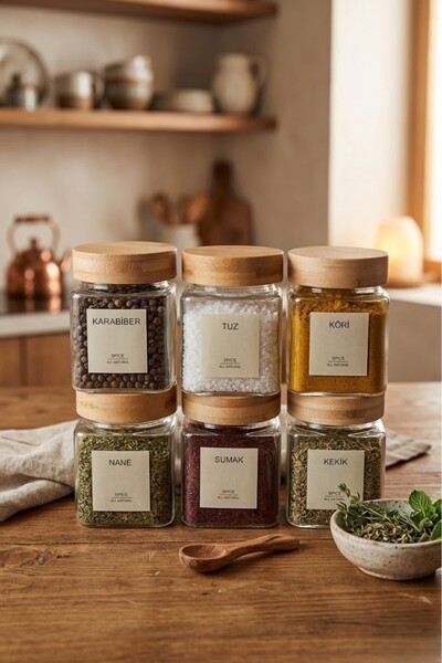 YILDIZDOĞDU 6 Adet 300 ML Bambu Kapaklı Baharat Kavanozu Bambu Baharatlık Cam...