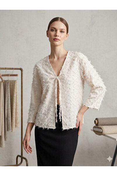 Moda Palmiss Γυναικεία μπλούζα κιμονό με πέτρινη φούντα και λεπτομέρειες, χαλ...