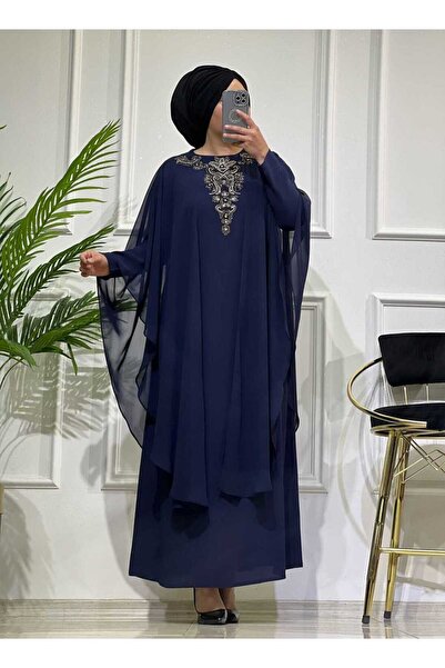 masalabiyem 3105 K150 فستان سهرة أزرق مع حجر على الصدر وعباءة