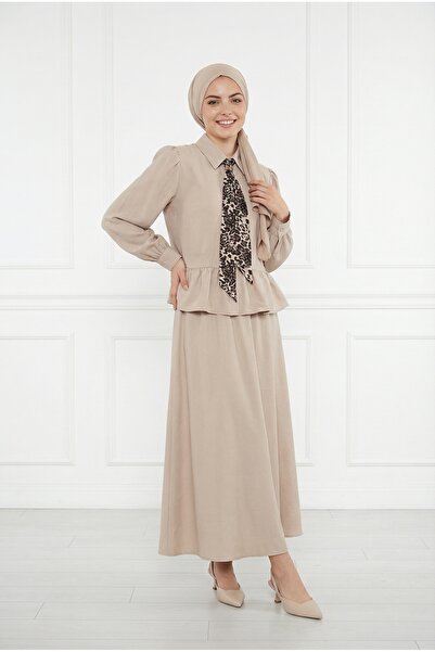 BENAHOLL Σετ Φούστας με Έξι Βολάν και Φουλάρι Payman Leopard-NA3439 Stone