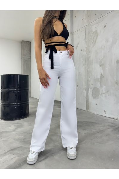 BİKELİFE Γυναικείο λευκό ψηλόμεσο Lycra ευέλικτο φαρδύ παντελόνι Palazzo