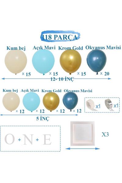 Patladı Gitti Okyanus Temalı 1 Yaş Doğum Günü Set 118 Parça; One Kutu ve Lateks Balon Set