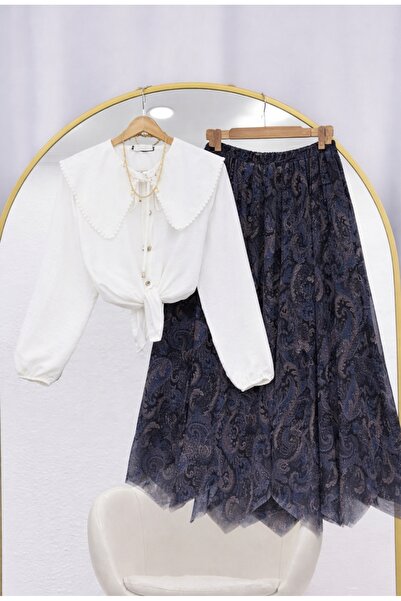 MODA VEDAT Γυναικείο πουκάμισο με γιακά φιόγκο - Σετ με ασύμμετρη φούστα με σ...