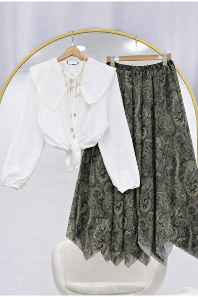 MODA VEDAT Γυναικείο πουκάμισο με γιακά φιόγκο - Σετ με ασύμμετρη φούστα με σ...