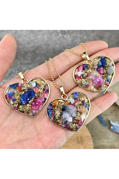 Ezera Πολύχρωμο κολιέ με καρδιά Madee με ημιπολύτιμες πέτρες Druzy, επιχρυσωμ...