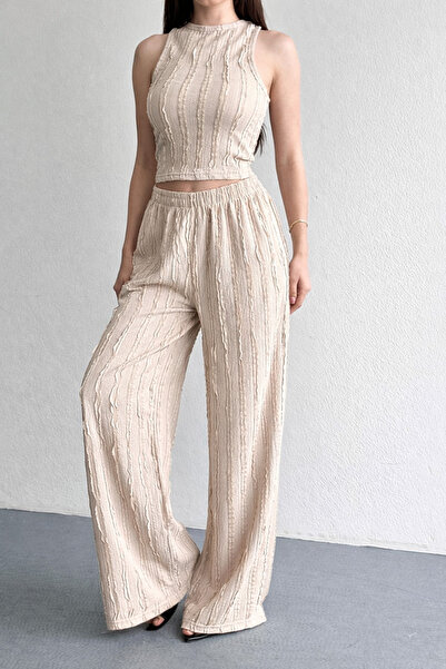 İLKCET MODA Σετ μπεζ παντελόνι με λαιμόκοψη halter και αντεστραμμένη ραφή