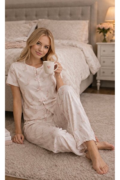 Fanwet Alaçatı Pink Floral Shirt Collar Bow Detail Soft Textured Short Sleeve...