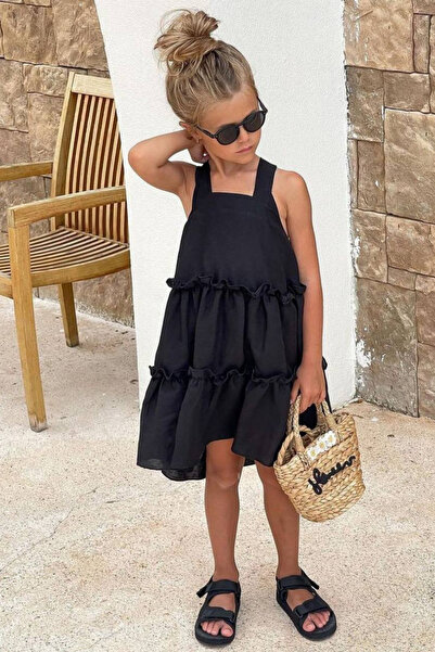 Zuma Kids Kız Çocuk Siyah Poplin Elbise Askılı Fırfırlı Kat Kat Yazlık Şık Öz...
