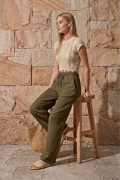 Shiron Sportswear&Company Χακί Μουσελίνα παντελόνι palazzo 100% οργανικό βαμβάκι