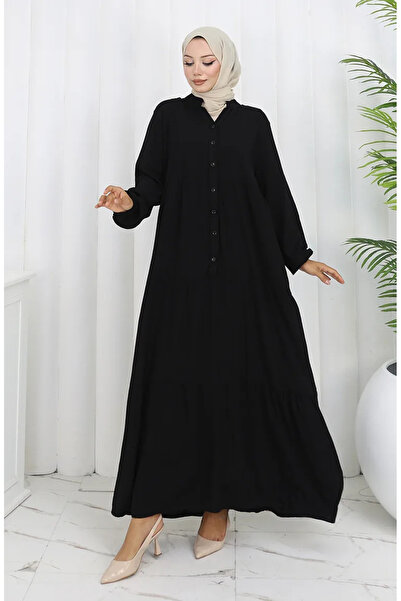 sefamerve Φόρεμα με μισό κουμπί από ύφασμα βισκόζης 4125-07 Μαύρο