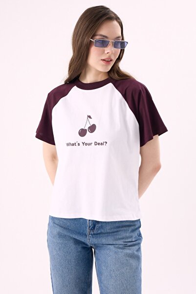 CrepTekstil Tricou crop Crep pentru femei, cu imprimeu cireșe, cu mâneci ragl...