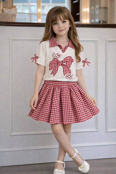 KOKOŞ BEBEK Σετ για κορίτσια με λεπτομέρεια στο γιακά, φούτερ και καρό φούστα...