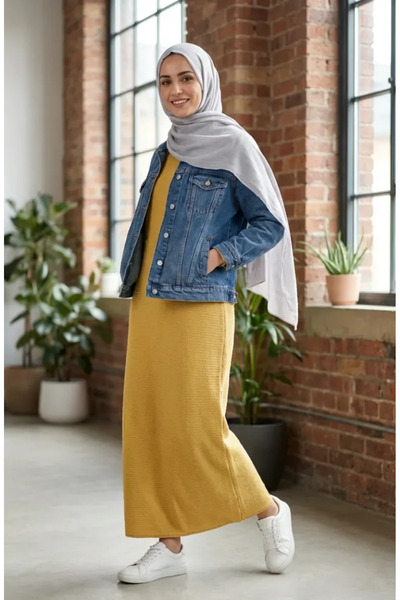 sefamerve Textured Knitted Fabric Winter Dress 2511-06 Mustard