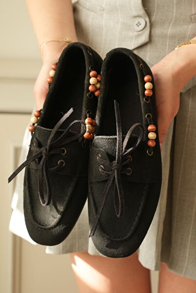 MODAADAM Γυναικεία χάντρα Ragus Detail Επίπεδη σόλα Μπαλαρίνα - Μαύρο Σουέτ