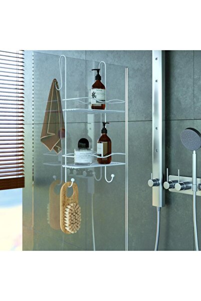Teknotel İki Katlı Duşakabin Rafı Şampuanlık Banyo Düzenleyici Mat Beyaz BK062