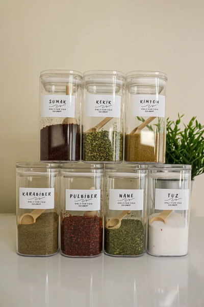 GÖKÇEHOME 300 ml Baharatlık Vakumlu Kapaklı ve Kaşıklı Lüks Baharat Takımı 7'li