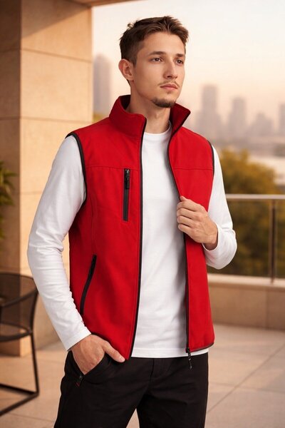 Vatan Tekstil Dik Yaka Slim Fit 3 Cepli Softshell Erkek Yelek Su İtici Kumaş