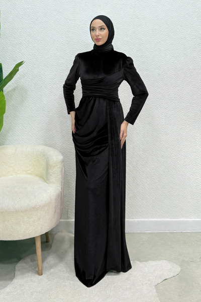 Tesettür Diyarı Βραδινό φόρεμα με βελούδινο ύφασμα Selis Balık Model - Μαύρο
