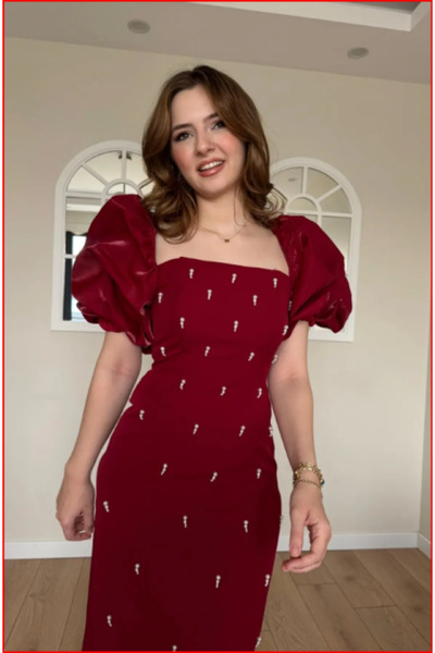 MOODMODA Roselia Pearl Taş Detaylı Elbise