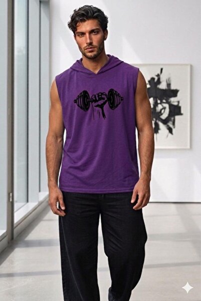 NO 601 Ανδρικό μωβ ανδρικό μπλουζάκι με κουκούλα γυμναστικής με στάμπα Dumbbell