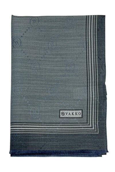 Vakko شال من الحرير القطني - مونوغرام مع حواف - رمادي غامق