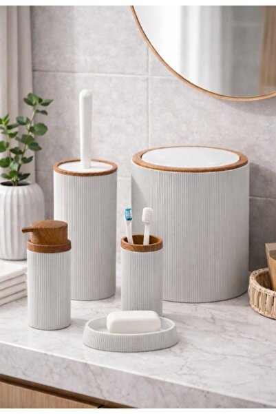 Store HGY Home Ξύλινο Λεπτομερές Σετ Μπάνιου Mina White 5 τεμαχίων