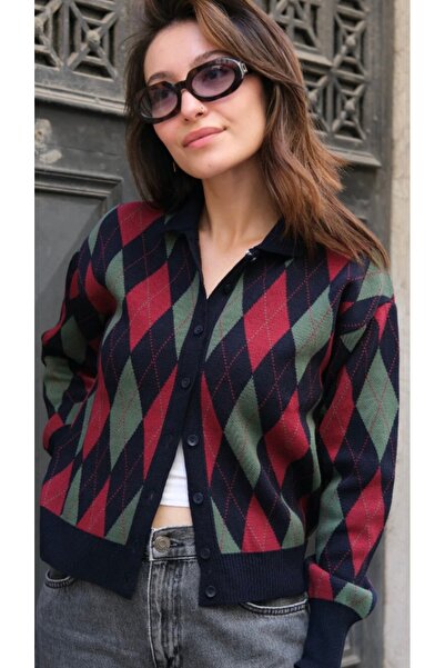 Butik Una Fiaba - Navy Blue Women's Polo Neck Argyle Patterned Buttoned Knit ...