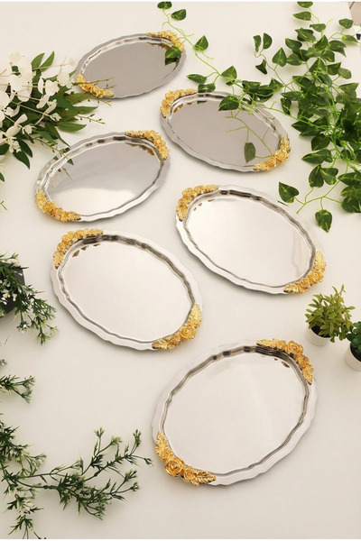 AKSESUAR EVRENİ Azak Silver 6-Piece Stainless Steel Oval Gold Handle Coffee P...